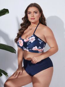 SHEIN Swim Curve Plus Size Floral Print Wrap Bikini Set Summer Beach - Navy Blue - View 4