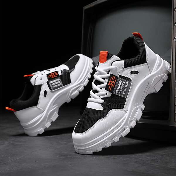 

Men Letter Graphic Lace-up Chunky Sneakers, Black and white