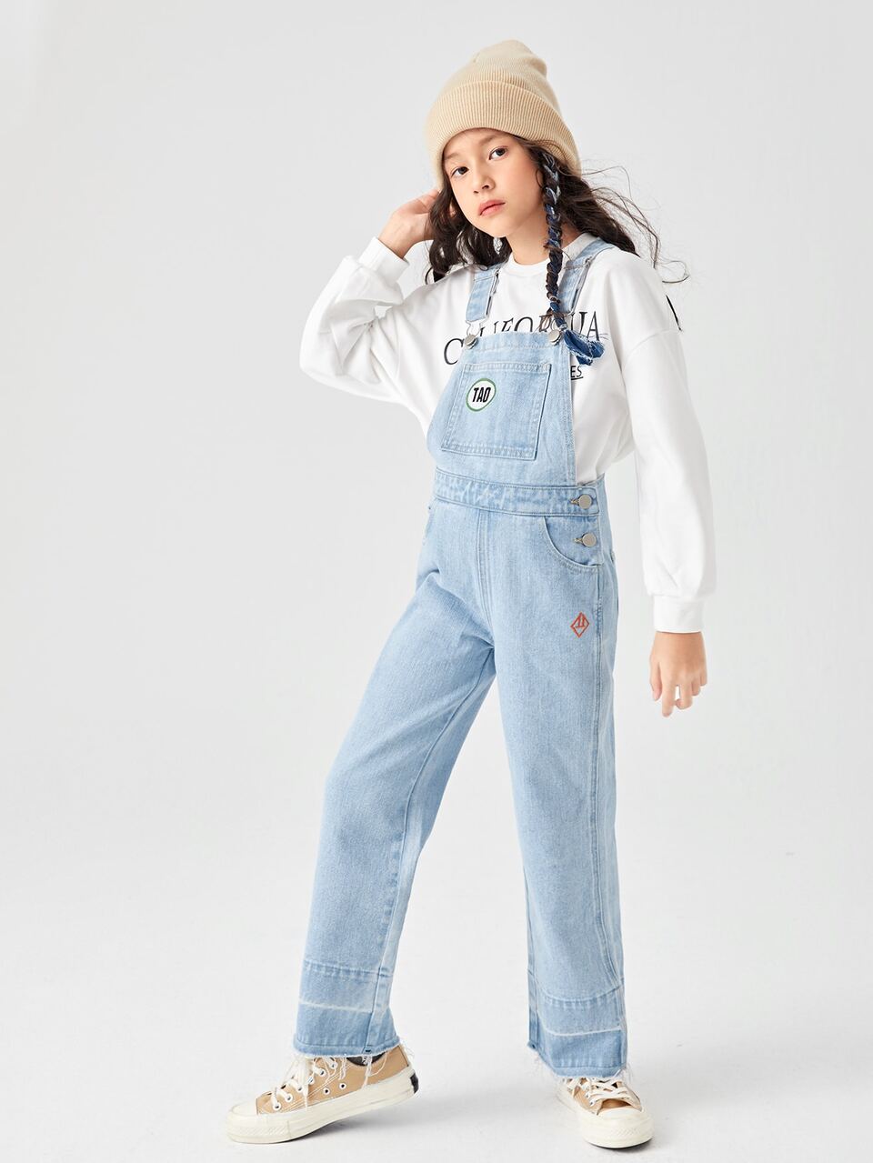 Girls Letter Embroidery Button Denim Overalls