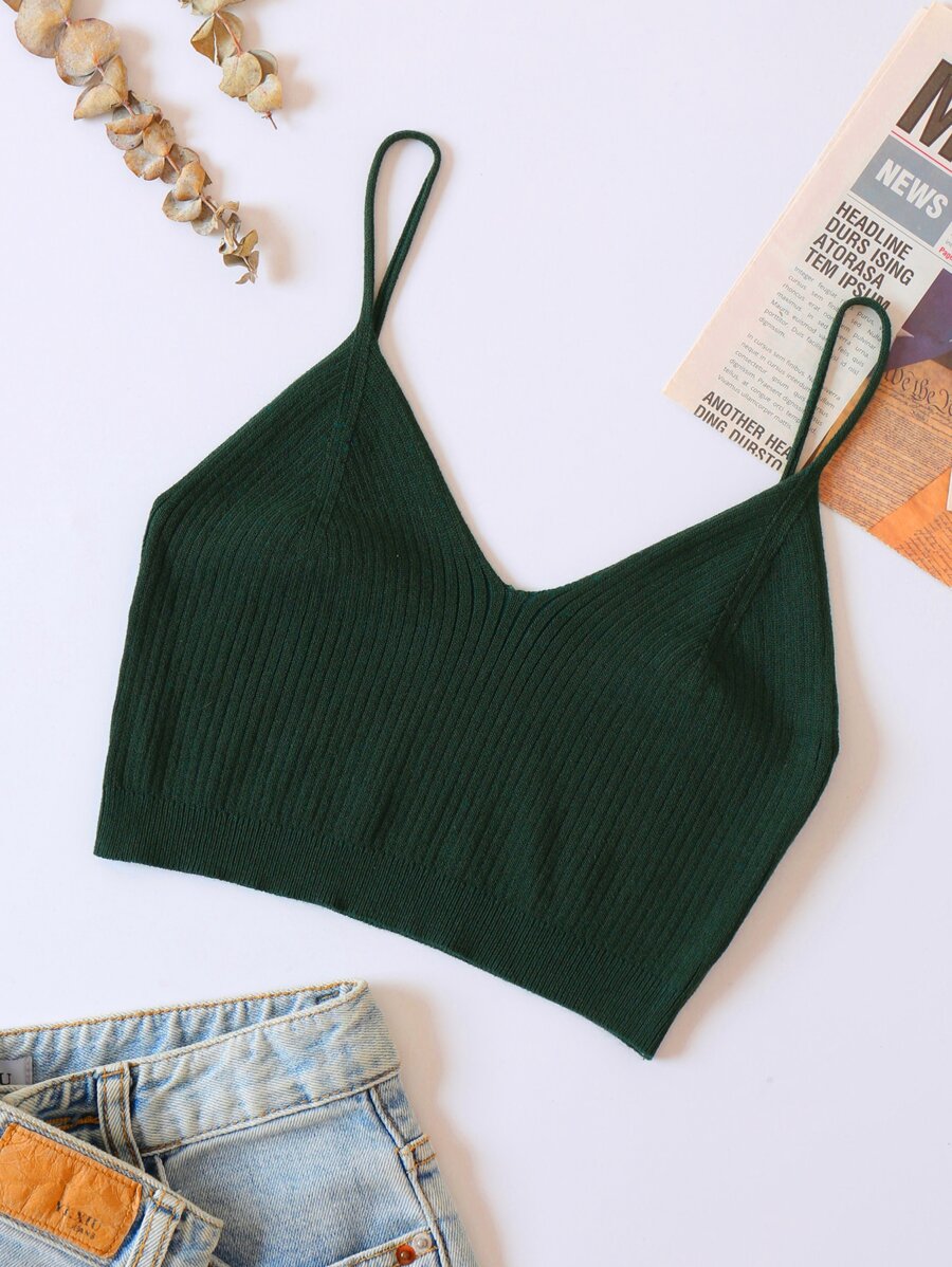 INAWLY 素色針織吊帶短上衣 - 墨綠色 - 查看 1