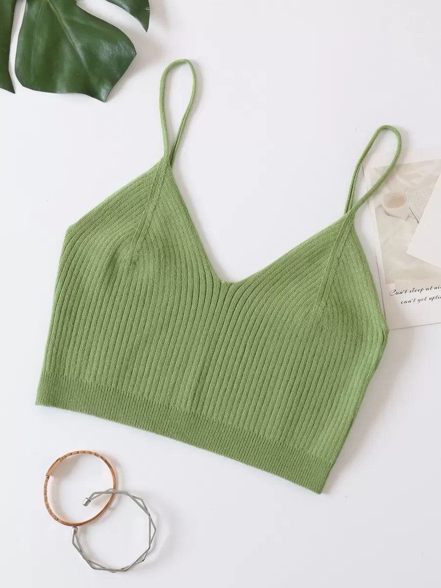 INAWLY Solid Crop Cami Knit Top - Mint Green - View 1