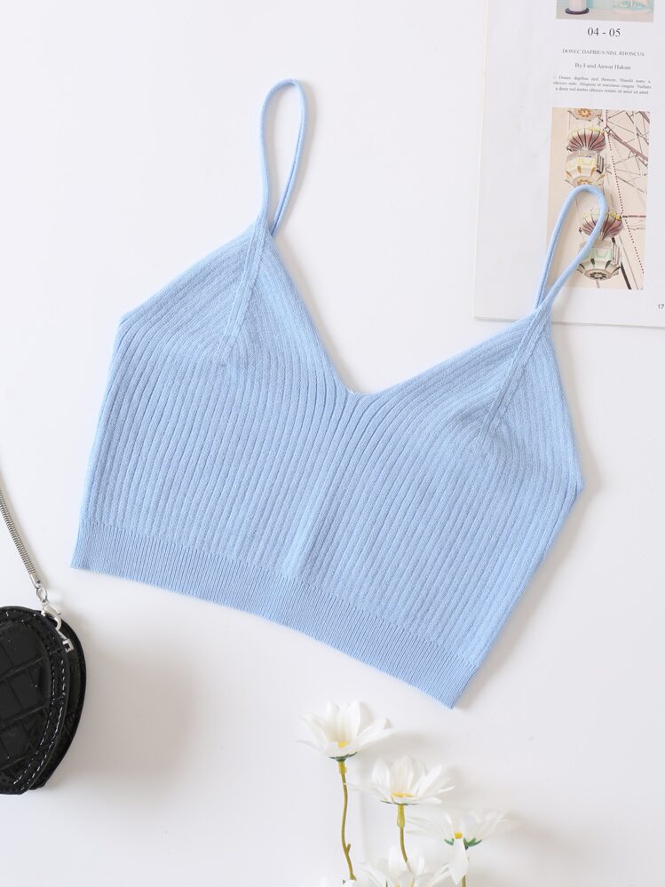 INAWLY Solid Crop Cami Knit Top - Baby Blue - View 1
