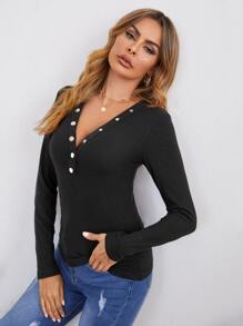 RueChic 前紐扣條紋針織T恤 - 黑色 - 查看 5