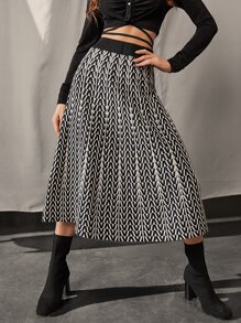 Allover Print Flare Skirt - Black and White - View 1