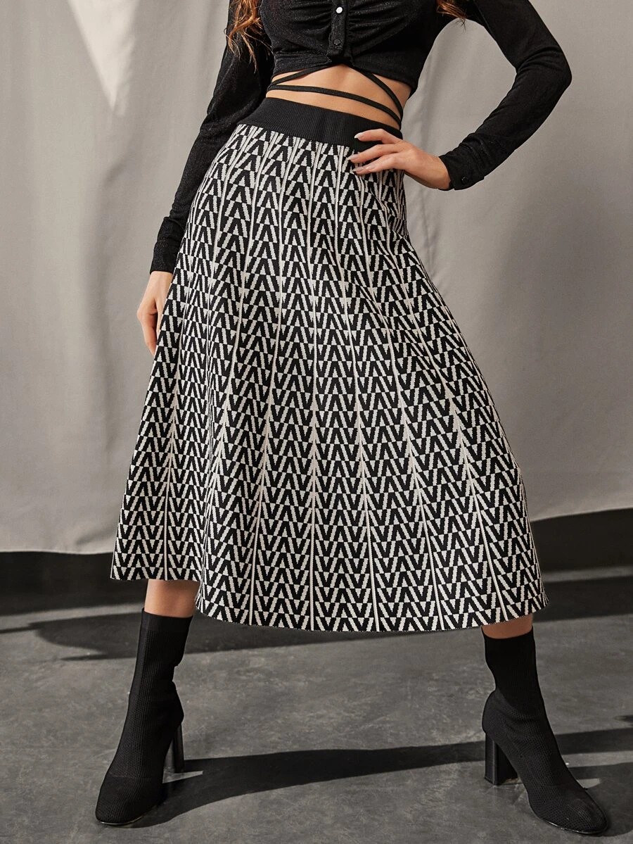 Allover Print Flare Skirt - Black and White - View 1