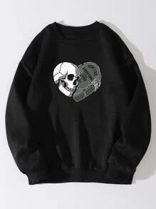 SHEIN EZwear 骷髏和標語圖案加絨內裏運動衫 - 黑色 - 查看 1