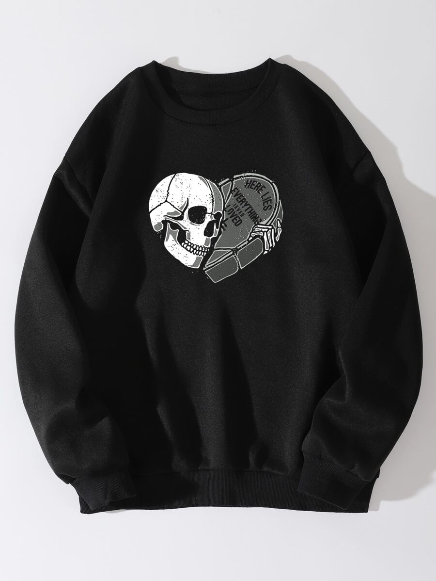 SHEIN EZwear 骷髏和標語圖案加絨內裏運動衫 - 黑色 - 查看 1