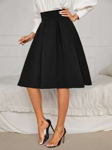 SHEIN Privé Solid High Waist Flared Skirt - Black - View 3