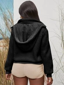 Cazadora teddy unicolor cremallera con capucha - Negro - Ver 2