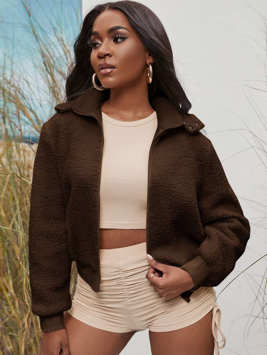 SHEIN SXY Solid Zip-up Hooded Teddy Jacket - Chocolate Brown - View 1