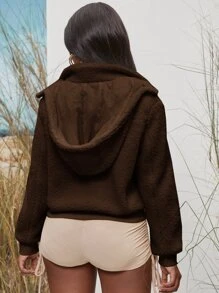 SHEIN SXY Solid Zip-up Hooded Teddy Jacket - Chocolate Brown - View 2