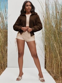 SHEIN SXY Solid Zip-up Hooded Teddy Jacket - Chocolate Brown - View 5