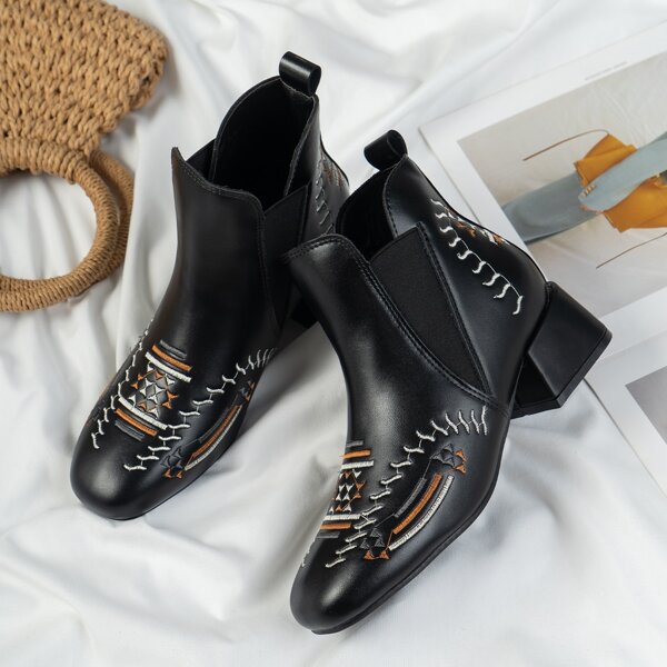 

Embroidery Decor Chunky Chelsea Boots, Black