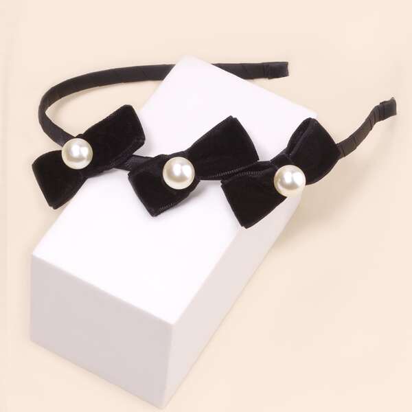 

Toddler Girls Faux Pearl & Bow Decor Headband, Black and white