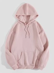 SHEIN EZwear 素色袋鼠口袋抽繩保暖連帽衫 - 淺粉色 - 查看 1