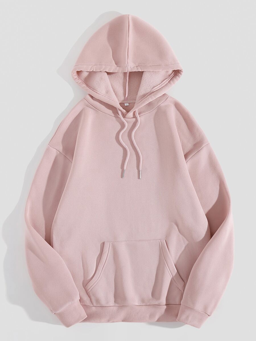 SHEIN EZwear 素色袋鼠口袋抽繩保暖連帽衫 - 淺粉色 - 查看 1