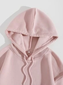 SHEIN EZwear 素色袋鼠口袋抽繩保暖連帽衫 - 淺粉色 - 查看 3