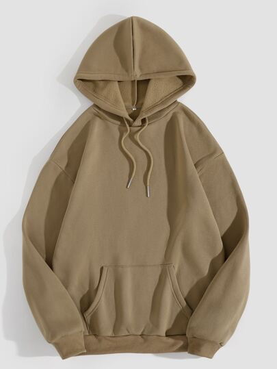 Solid Kangaroo Pocket Drawstring Thermal Hoodie