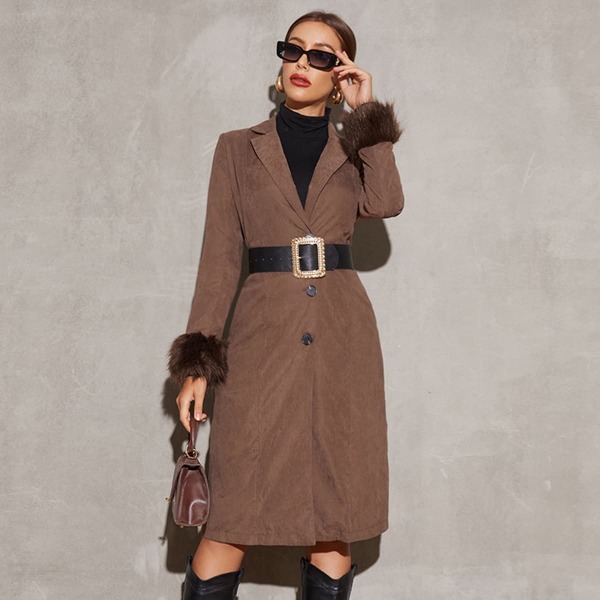 

Lapel Neck Single Breasted Fuzzy Trim Trench Coat Without Belt, Rust brown