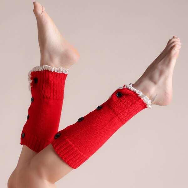 

Button Decor Leg Warmers, Red