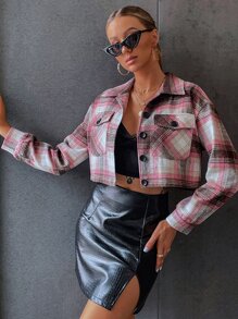 格紋翻蓋口袋單排釦短款花呢外套 - 彩色 - 查看 6