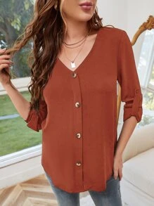 SHEIN Maternity Roll Tab Sleeve Blouse - Rust Brown - View 1