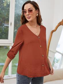 SHEIN Maternity Roll Tab Sleeve Blouse - Rust Brown - View 3