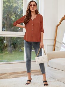 SHEIN Maternity Roll Tab Sleeve Blouse - Rust Brown - View 4