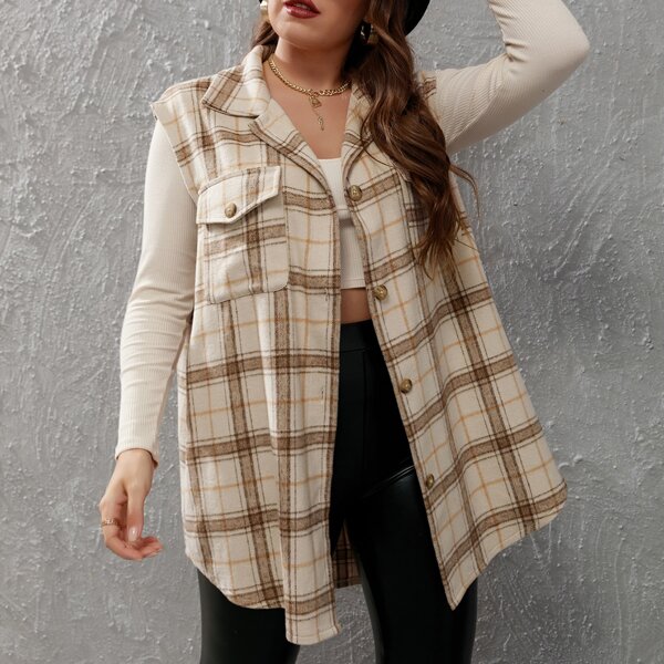 

Plus Plaid Flap Pocket Vest Coat, Multicolor
