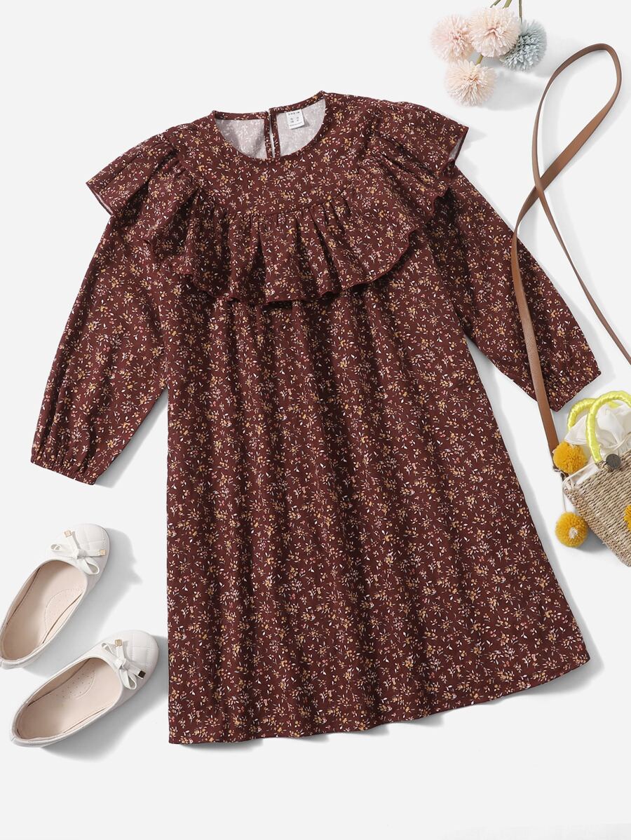 SHEIN Niñas Vestido con estampado con diseño floral fruncido - Óxido marrón - Ver 1