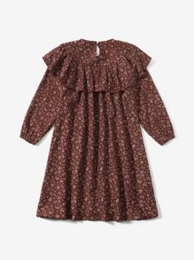SHEIN Niñas Vestido con estampado con diseño floral fruncido - Óxido marrón - Ver 2