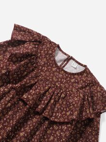 SHEIN Niñas Vestido con estampado con diseño floral fruncido - Óxido marrón - Ver 4