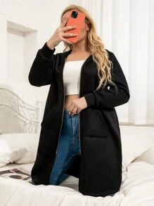 Plus Zip Front Longline Hoodie - Black - View 4