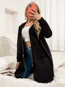 Plus Zip Front Longline Hoodie - Black - View 5
