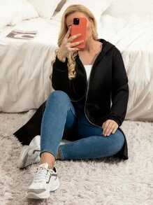 Plus Zip Front Longline Hoodie - Black - View 6