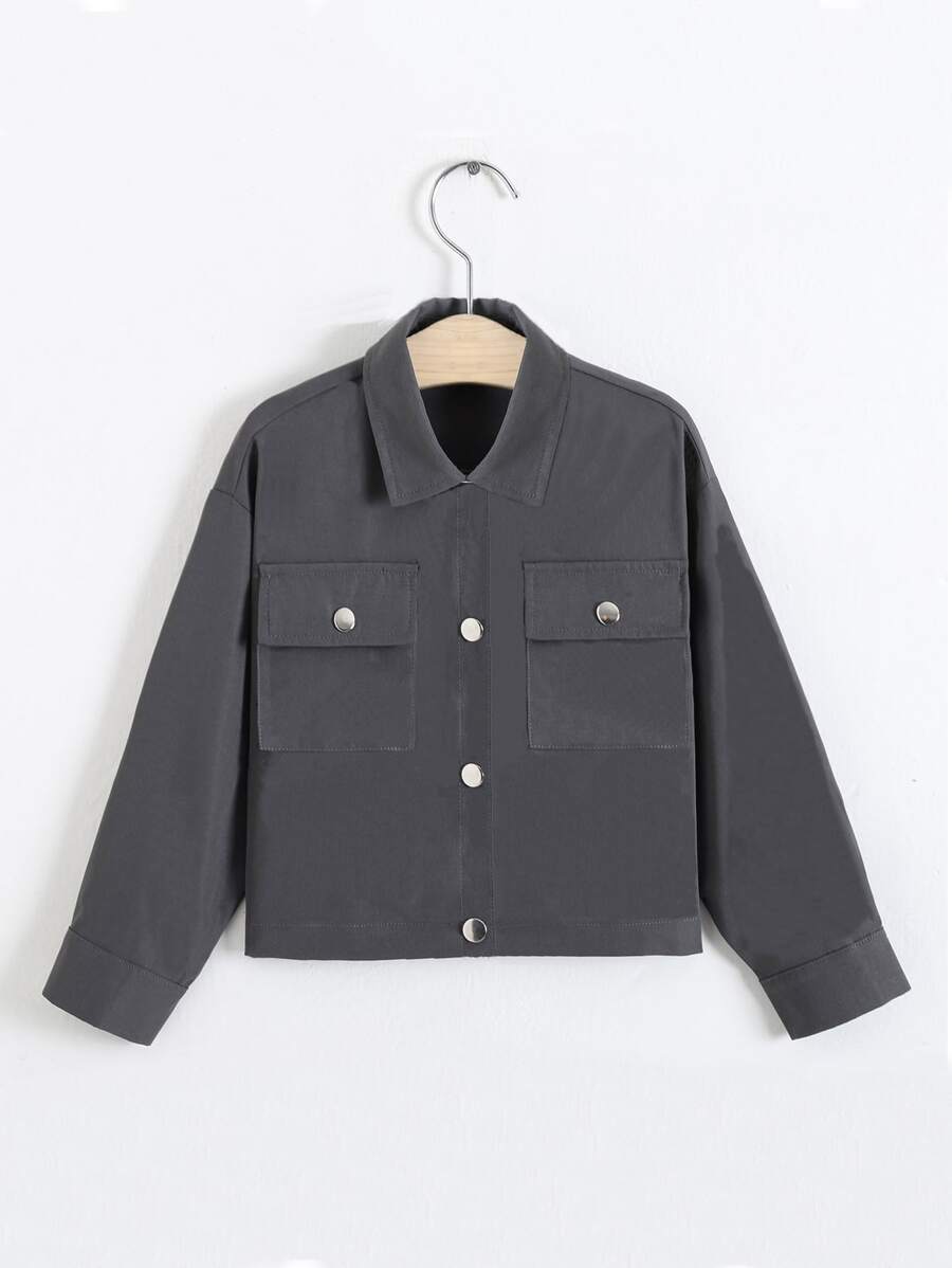Toddler Girls Flap Pocket Single Breasted Jacket - Dark Grey - View 1