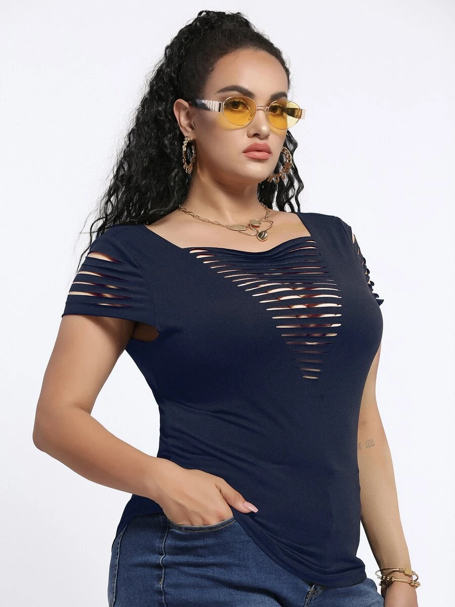 Plus Solid Ripped Tee - Navy Blue - View 1