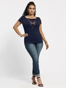 Plus Solid Ripped Tee - Navy Blue - View 3