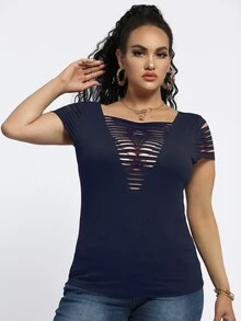 Plus Solid Ripped Tee - Navy Blue - View 5