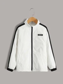 SHEIN Bé Trai Jackets Đắp vá Túi Dây kéo Ruy băng Sọc Thể thao - trắng - Xem 1