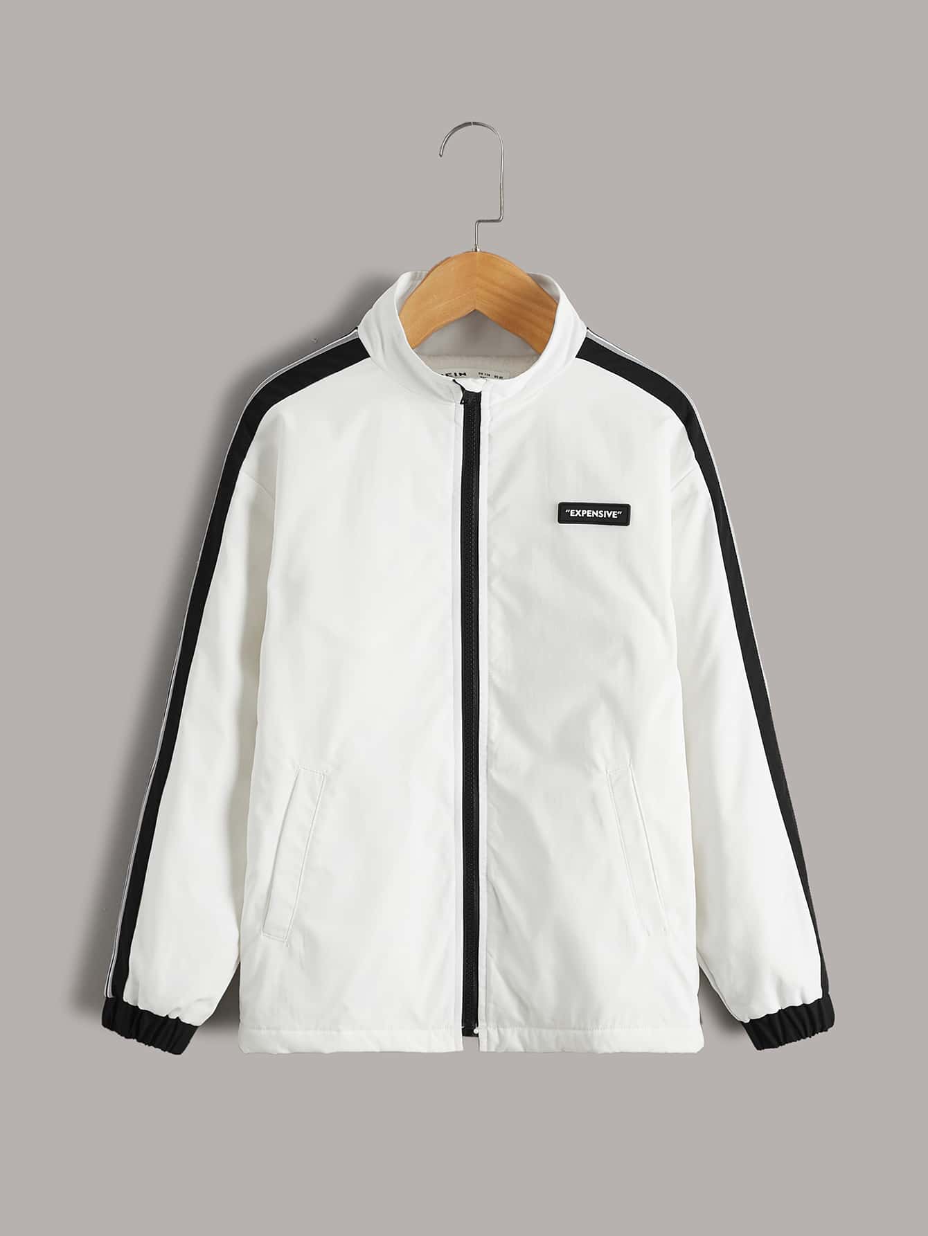 SHEIN Bé Trai Jackets Đắp vá Túi Dây kéo Ruy băng Sọc Thể thao - trắng - Xem 1