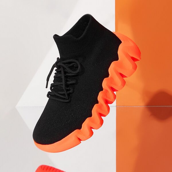 

Minimalist Lace Up Decor Knit Chunky Sneakers, Orange