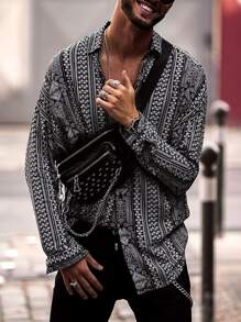 Manfinity 男士幾何印花前排扣襯衫 - 黑與白 - 查看 1