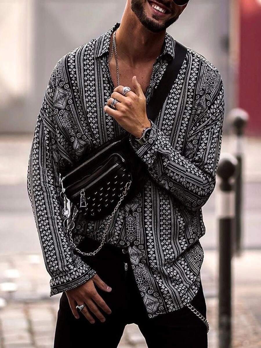 Manfinity 男士幾何印花前排扣襯衫 - 黑與白 - 查看 1