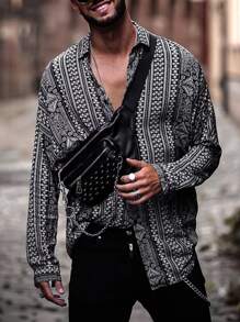 Manfinity 男士幾何印花前排扣襯衫 - 黑與白 - 查看 3