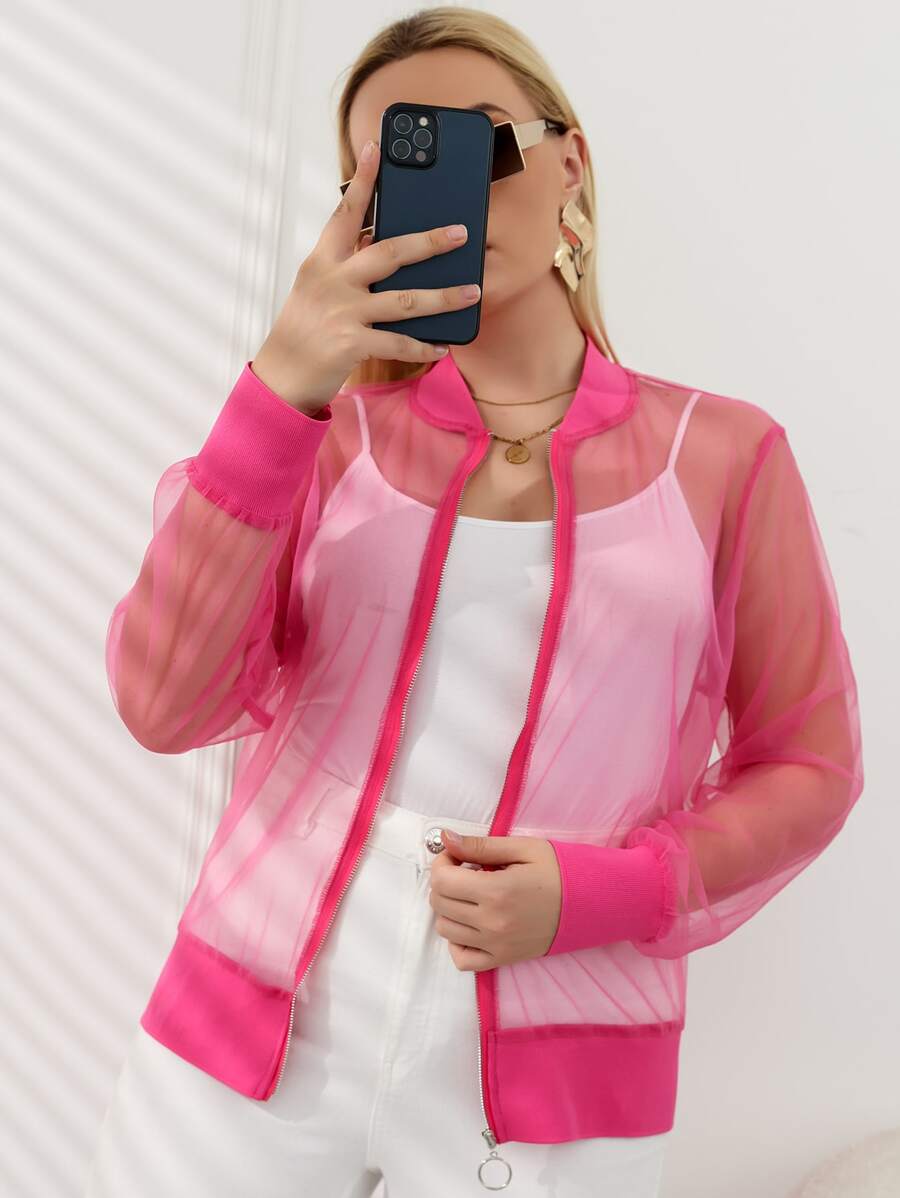 SHEIN LUNE Plus Size Jackets Sheer Zip Plain Casual - Hot Pink - View 1
