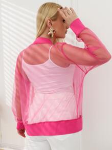 SHEIN LUNE Plus Size Jackets Sheer Zip Plain Casual - Hot Pink - View 2