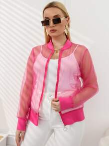 SHEIN LUNE Plus Size Jackets Sheer Zip Plain Casual - Hot Pink - View 3