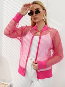SHEIN LUNE Plus Size Jackets Sheer Zip Plain Casual - Hot Pink - View 4