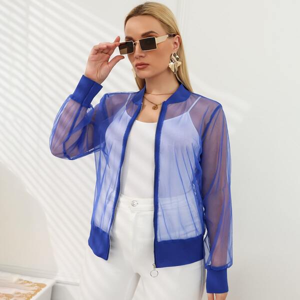 

Plus Solid Zip Up Mesh Bomber Jacket, Royal blue